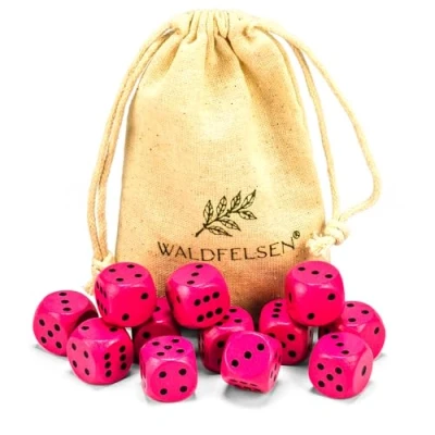 Abbildung von Waldfelsen 6, 12, 20, 30 oder 50 hochqualitative Holzwürfel aus echtem Buchenholz Augenwürfel Spielwürfel Holz in 16 mm Standardwürfel mit Stoffbeutel Würfelset (Pink, 12 Stück)