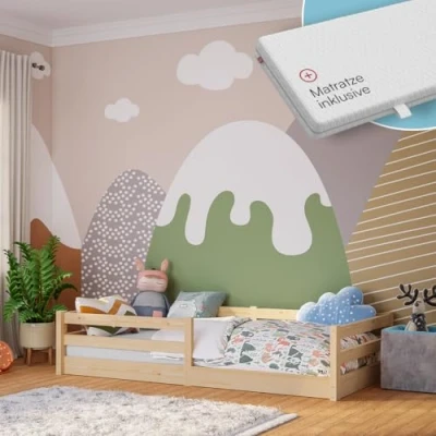Abbildung von Bellabino Iskri Bodenbett 90x200 cm Montessori Kinderbett mit Matratze, Rausfallschutz &amp; Lattenrost Holzbett für Jungen Mädchen aus Kiefer Massivholz in Natur