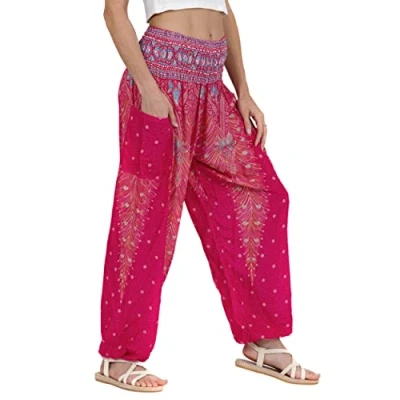 Abbildung von Lofbaz Damen Haremshose Yogahose Pumphose Hippie Hose Boho Kleidung Festival Outfit Sommerhose Leicht Sommer Hosen Peacock 1 Rosa XL