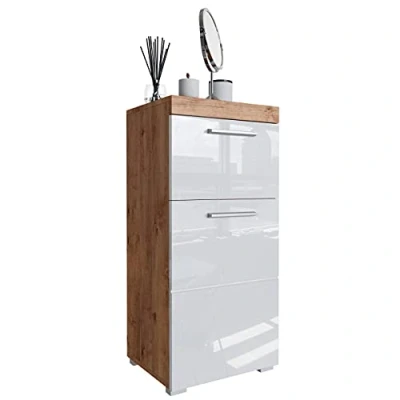 Abbildung von Newroom Kommode Badezimmer Schrank Wildeiche Weiß Hochglanz mit viel Stauraum 37x79x31 cm (BxHxT) Badezimmerschrank Badkommode Badezimmermöbel [Trinity.Ten]