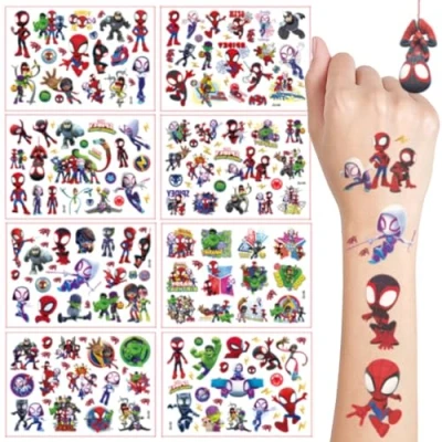 Abbildung von Temporäre Tattoos Kinder, 8 Blätter Spider Tattoo für Cartoon Kindertattoos Deko Kindergeburtstag, Geburtstag Party Geschenk Kleine, Hautfreundliche