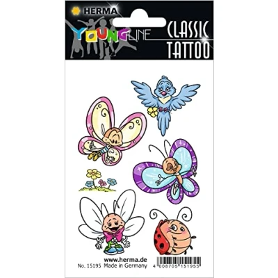 Abbildung von HERMA 15195 Temporäre Tattoos Schmetterlinge, 6 Stück, Klebetattoos zum Aufkleben, Fake Aufkleber mit Vogel Marienkäfer Motiv, Kindertattoos Sticker für Fasching Karneval Kinder Erwachsene