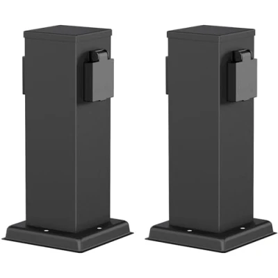 Abbildung von ledscom.de 2 Stück Garten Steckdosensäule Polly für außen, IP44, Fach, Edelstahl, schwarz, eckig, 27 cm