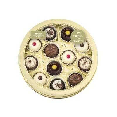 Abbildung von Lauensteiner Gugelhupf Runddose 155 g Pralinen 6 fach sortiert, mit und ohne Alkohol Geschenkidee für Frauen Männer 1er Pack