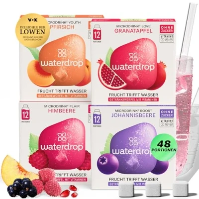 Abbildung von waterdrop® Microdrink Set 48 Waterdrop Drops Würfel 4 fruchtige Sorten Zuckerfreies Getränkpulver Geschmack für Wasser kalorienarm mit wertvollen Vitaminen Brausetabletten Wasserzusatz