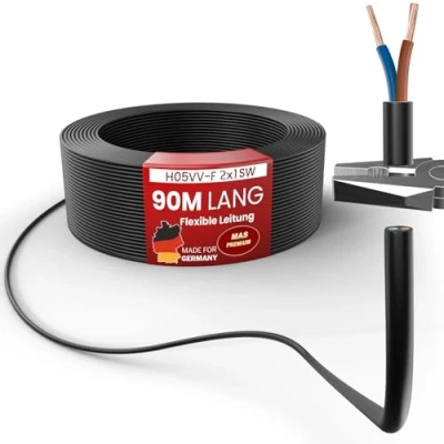 Abbildung von MAS Premium Von 5 bis 100m Kunststoffschlauchleitung H05VV F 2, 3 oder x0,75; x1; x1,5 x2,5 und 4G0,75 Flexible Leitung Kabel Gerätekabel (H05VV 2x1 SW, 90m)