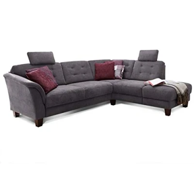 Abbildung von Cavadore Ecksofa Trond mit Ottomane rechts / Federkern Sofa im Landhausstil 2 Kopfstützen und Vorziehsitz Bettkasten 260 x 89 214 Webstoff grau