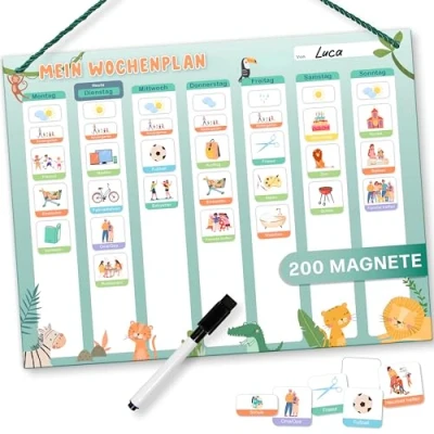 Abbildung von Mini Mindz Magnettafel Wochenplaner Kinder Montessori Mit 200 Magnete &amp; Stift, Kordel Komplett beschreib und abwischbar