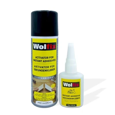 Abbildung von Wolfix Sekundenkleber Extra Stark 100g mit Aktivator Sprühkleber 400ml Spray Alleskleber Set für Profi Reparaturen Ideal Materialien wie Kunststoff, Metall, Holz und Keramik