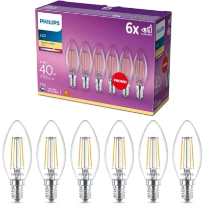 Abbildung von Philips LED Classic E14 Lampen 6 er Pack (40 W), mit warmweißem Licht, energiesparende Beleuchtung langer Nutzlebensdauer