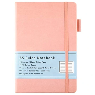 Abbildung von Beinushor Notizbuch Liniert A5, mit Hardcover Ausgekleidetes Journal Dickem Premium 100GSM Papier, 192 Seiten, Innentasche, Stiftschlaufe, Gummiband, Kunstlederbezug, 14,5 x 21,3 cm (Rosa)