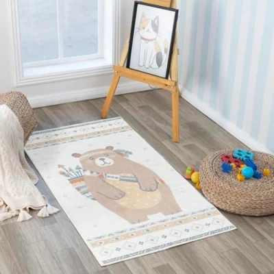 Abbildung von Surya Bär Kinderteppich Cartoon Teppich, Teppich Kinderzimmer oder Babyzimmer, Kinderzimmerteppich, Krabbelteppich Spielteppich Baby für Jungen &amp; Mädchen, Creme und Beige 80x150cm