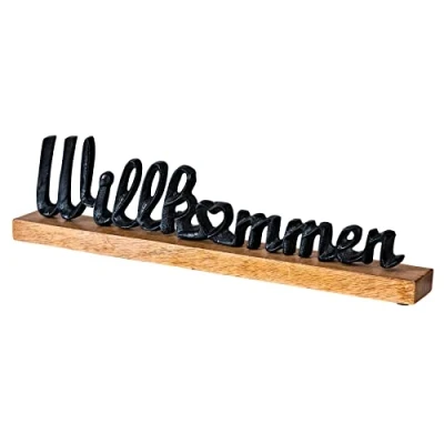 Abbildung von levandeo Schriftzug Willkommen 45cm Metall Schwarz Mango Holz Deko Aufsteller Tischdeko Wohndekoration Geschenk