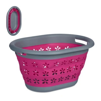 Abbildung von Relaxdays Wäschekorb faltbar, 17 l, Kunststoff, mit Tragegriffen, HxBxT: 26,5 x 50,5 37,5 cm, Wäschewanne, pink/ grau