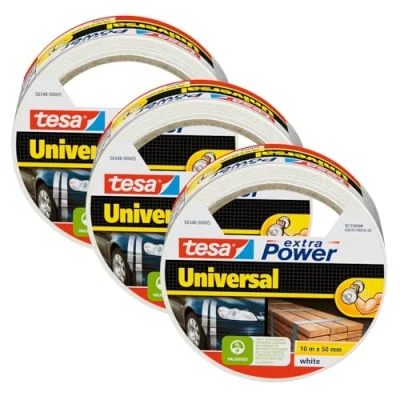 Abbildung von tesa extra Power Universal Gewebeband Klebeband mit starkem Halt vielseitiges Duct Tape für Reparaturen, zum Befestigen, Abdichten und mehr Weiß 3 Rollen 10 m x 50 mm