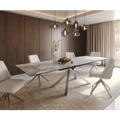 Abbildung von Esstisch Edge 200 300x100 Keramik Minas Melange Weiß Beige Kreuzgestell Rechteck Edelstahl ausziehbar