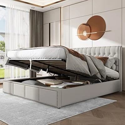 Abbildung von SOFTWEARY Stauraumbett Doppelbett mit Lattenrost und Bettkasten (180x200 cm), gepolsterter Kopfteil, Leinen