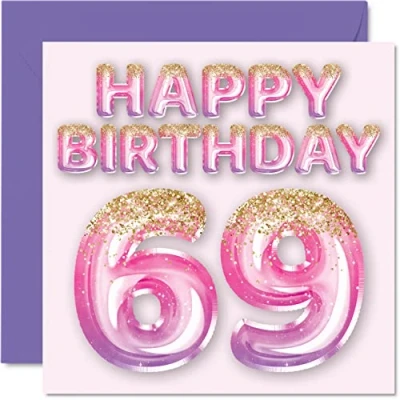 Abbildung von Geburtstagskarte zum 69. Geburtstag für Frauen rosa und lila Glitzerballons Happy Karten 69 Jahre alte Frau Mama Nanny Grandma Gran Auntie, 145 mm x 60 Geburtstagskarten Geschenk