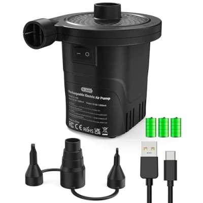 Abbildung von Elektrische Luftpumpe, Dr.meter 4000mAh Wiederaufladbare Akku Luftpumpe 2 in 1 Inflate und Deflate Mini Elektrisch mit 3 Luftdüse für Schlauchboot/Luftmatratze/Planschbecken Pool Kinder