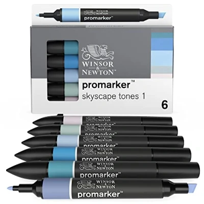 Abbildung von Winsor &amp; Newton 0290118 ProMarker, Professioneller Layoutmarker 2 Spitzen, fein und breit für Zeichnungen, Design Layouts 6 Farben Set Himmel