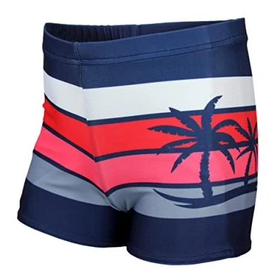 Abbildung von Aquarti Jungen Badehose Gestreift mit Motiven, Farbe: Dunkelblau/Rot/Palmen, Größe: 152