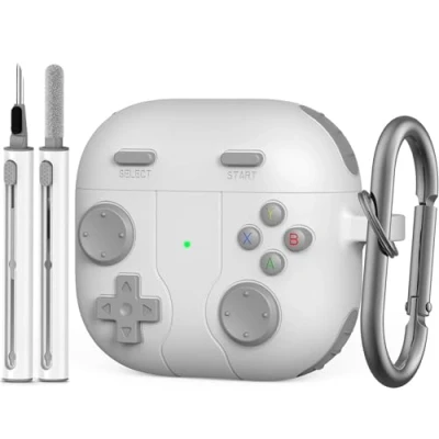 Abbildung von Hülle für Airpods 4 (2024) mit Karabiner &amp; Reiniger Kit, Klassisches Retro Handheld Spielkonsolen Design Hülle, Unterstützung Kabelloses Laden Hellgrau