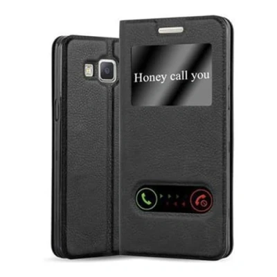 Abbildung von Cadorabo Hülle kompatibel mit Samsung Galaxy A5 2015 Sichtfenster aus Kunst Leder Flip Klappbare Magnetische [Standfunktion] [Kartenfächern] Cover für Tasche in Schwarz