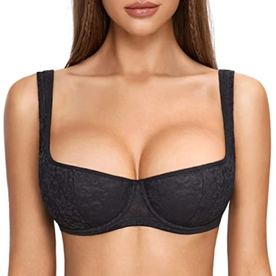Abbildung von DOBREVA Damen Push Up BH Dirndl Bügel Balconette Spitzen Sexy Leicht Gepolstert Große Größen Schwarz 90C
