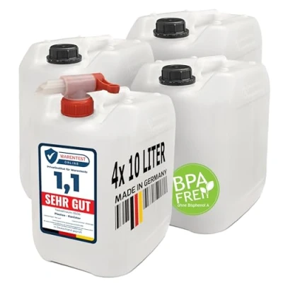 Abbildung von plasteo® 4 x 10L Getränke Wasserkanister Natur + 1 Auslaufhahn Lebensmittelecht Hergestellt in DE UN Zulassung Tragbar Indoor und Outdoor BPA Frei