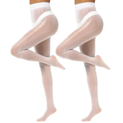 Abbildung von MANZI 2 Paar Glanzstrumpfhosen Damen Sexy Seidenglatt Feinstrumpfhose 15 Den transparent reißfest Weiß,L XL