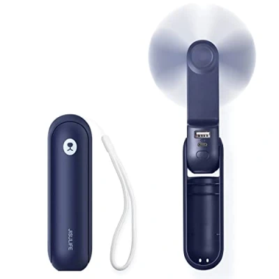 Abbildung von JISULIFE Handventilator, Mini Tragbarer Batteriebetrieben [14 21 Stunden], Wiederaufladbarer, Faltbarer USB Lüfter, Leiser Persönlicher Ventilator mit Powerbank, Taschenlampe Blau