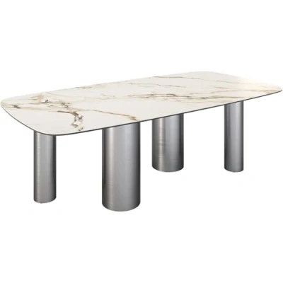 Abbildung von Esstisch Edge Boot 240x120cm Keramik Calacatta Luxe Weiß Gold Grau Pilier Edelstahl