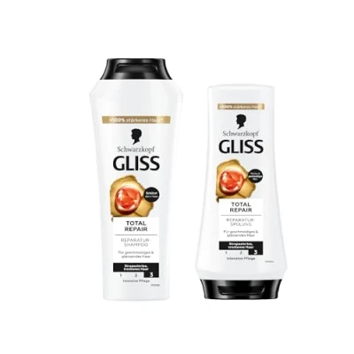 Abbildung von Gliss Shampoo Total Repair (250 ml) Haarshampoo mit flüssigem Keratin &amp; Blüten Nektar, Pflegeshampoo Spülung (200 Haarspülung Pflegespülung 90% weniger Haarbruch