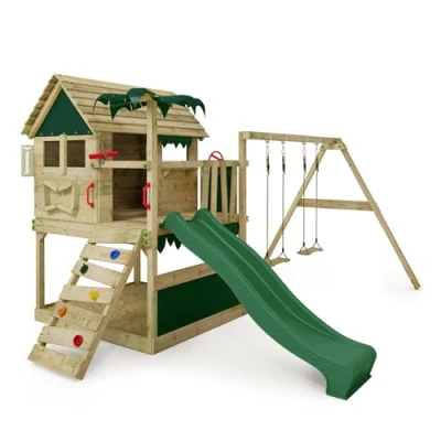 Abbildung von FATMOOSE Spielturm Klettergerüst TikaTaka Town XXL mit Schaukel &amp; grüner Rutsche, Outdoor Kinder Kletterturm Sandkasten Leiter Spiel Zubehör für den Garten