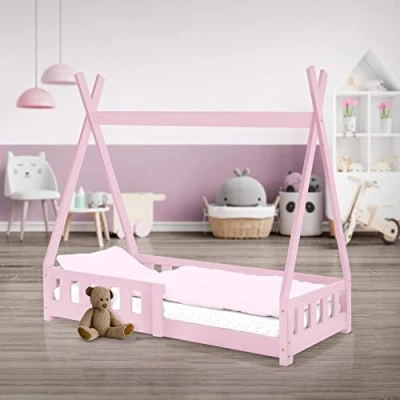 Abbildung von ML DESIGN Kinderbett Hausbett mit Rausfallschutz und Lattenrost Massivholz, Bett 70x140 Rosa aus Kiefernholz Spielbett Zelt Zaun
