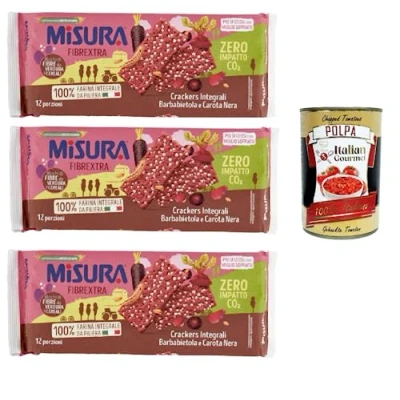 Abbildung von 12x Misura Crackers Integrali Vollkorncracker mit Roter Bete und schwarzer Karotte, 15 % Ballaststoffe 100 Vollkornmehl 385 g + Italian Gourmet polpa 400g