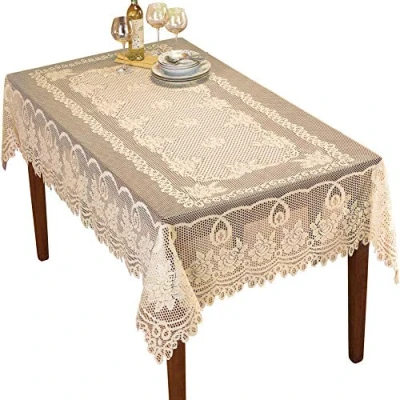 Abbildung von NC AMIPOS Spitzendeckchen Beige Häkelspitze waschbare Tischdecke aus Polyester Jacquard für Esstisch, Hochzeit, Restaurant, Bankett, Picknick Beige, 152 x 228 cm