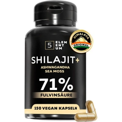 Abbildung von 5 Elementum Mumijo Shilajit 150 Kapseln mit 71% Fulvinsäure hochdosiert Kapseln, 1% Eurofins Zertifiziert für Natürliche Energie, Stressabbau &amp; Vitalität à 80 g