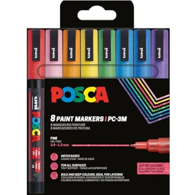 Abbildung von POSCA Uni Ball 186539 Marker Set, 8 Acrylstifte Glitzer PC 3M, Permanent 0,9 1,3 mm Rundspitze