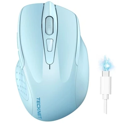 Abbildung von TECKNET Bluetooth Maus, Wiederaufladbare Maus Kabellos(DREI Modi: BT 5.0/3.0 + 2.4G), 4800 DPI, Ergonomische Leise Funkmaus für Laptops, Mac OS, Android, Windows, Himmelblau