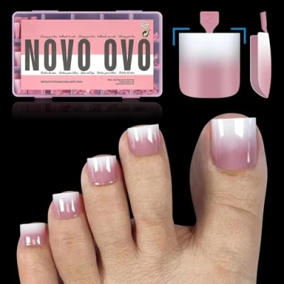 Abbildung von NOVO OVO Ombre French Tip zum Aufdrücken von Zehennägeln, scharfe, quadratische, vorgefertigte Verlängerung aus weichem Gel für künstliche Zehennägel, BERRY PINK 15 Größen, 240 Stück