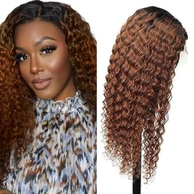 Abbildung von Lakaisa Wig Human Hair Echthaar Perücke 4X4 Lace Front Glueless Wear and Go Kinky Curly Grade 8A Brazilian Virgin Free Part 180% Density 1B/30 for Woman 24 Zoll