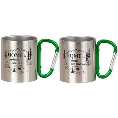 Abbildung von Geschenkestadl Becher 2 Metallbecher mit Karabiner, Camping, Wanderbecher, mehrere Designs, nachhaltig, Karabinerhaken Karabinergriff