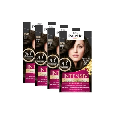Abbildung von POLY PALETTE Intensiv Creme Coloration 4 0/800 Dunkelbraun Stufe 3 (4 x 115 ml), permanente für bis zu 8 Wochen intensiven Farbglanz &amp; 100% Grauabdeckung