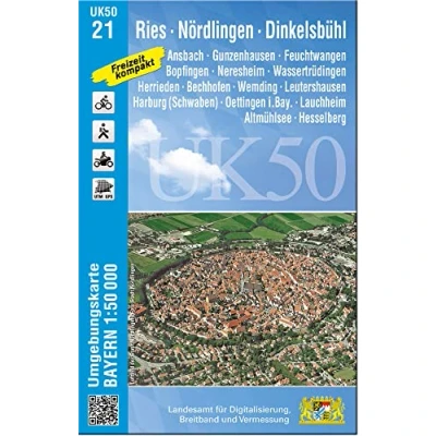 Abbildung von UK50 21 Ries, Nördlingen, Dinkelsbühl: Ansbach, Gunzenhausen, Feuchtwangen, Bopfingen, Neresheim, Wassertrüdingen, Herrieden, Bechhofen, Wemding, ... Karte Freizeitkarte Wanderkarte)