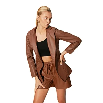 Abbildung von Trendyol Damen Regular Zweireihig Plain Webstoff Blazer Coat, Camelfarben, 36 EU