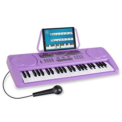 Abbildung von McGrey BK 4910VT Keyboard Kinder mit 49 Tasten Einsteigerkeyboard 16 Sounds und 10 Rhythmen Piano Lernfunktion, Mikrofon für Gesang Notenständer Lila