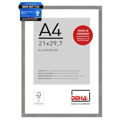 Abbildung von DEHA Design Bilderrahmen, 21 x 29,7 cm (A4), Aluminium, Grau matt, Dokumentenrahmen zum Aufhängen im Hoch &amp; Querformat, bruchsicheres Kunstglas, Tribeca