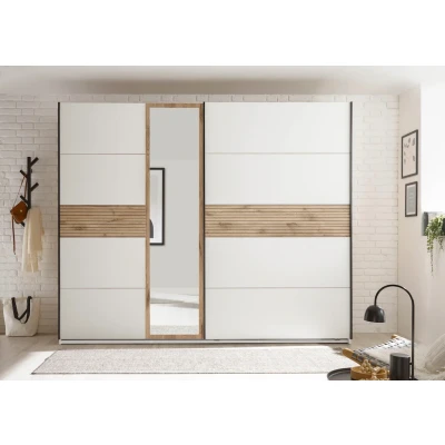 Abbildung von Schlafkontor Kleiderschrank &quot;Leo Schwebetürenschrank, Schiebetürenschrank mit Spiegel&quot;, Absetzung in Viking Oak heller Rillenoptik und Spiegel