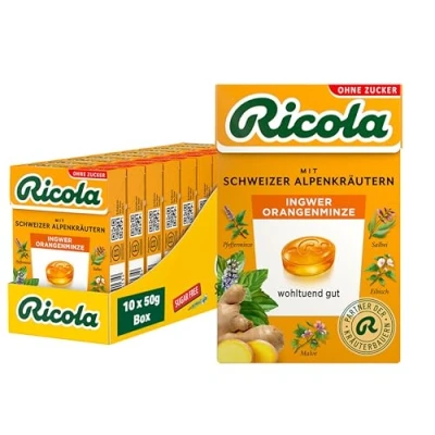 Abbildung von Ricola Ingwer Orangenminze, 10 Böxli Original Schweizer Kräuter Bonbons mit 13 Alpenkräutern &amp; erfrischendem Ingwer, zuckerfrei, x 50g, vegan